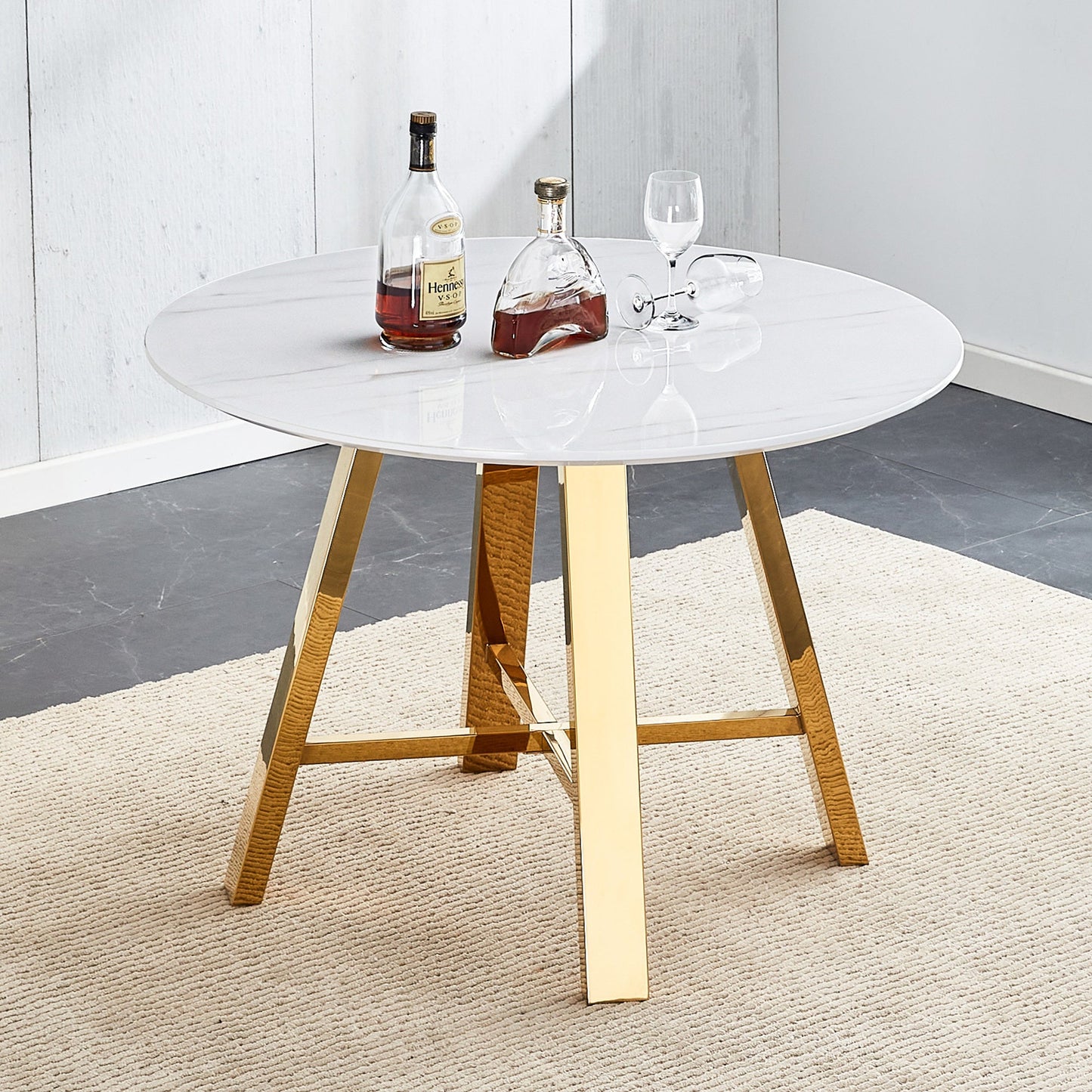 Modern Minimalist White Patterned Circular Dining Table and Coffee Table. MDF Desktop, Diameter 42 Inches, Stainless Ste