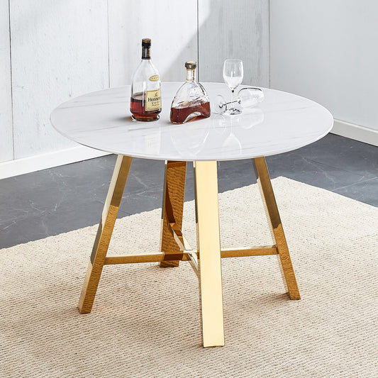 Modern Minimalist White Patterned Circular Dining Table and Coffee Table. MDF Desktop, Diameter 42 Inches, Stainless Ste