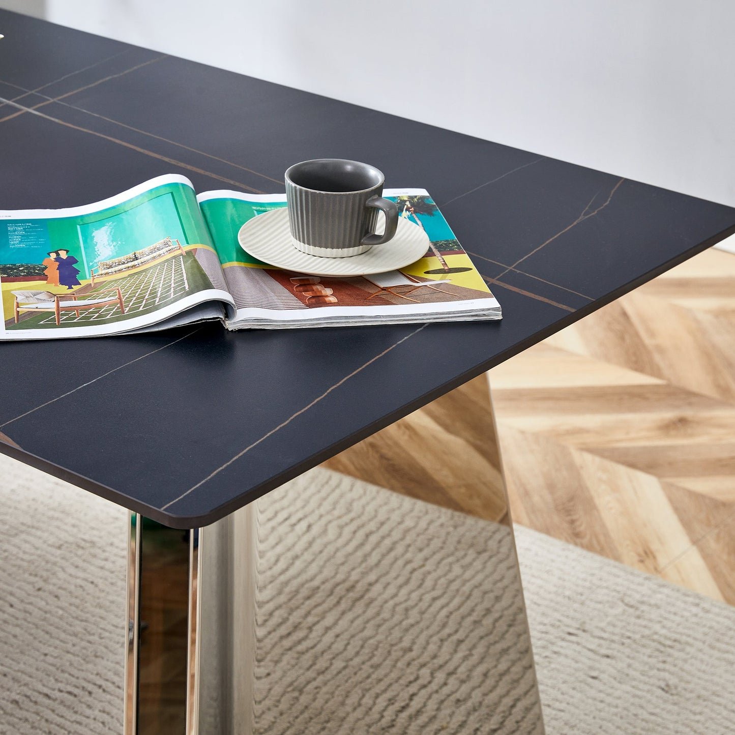 Table and Chair Set.63'x31.5x30' Black Marble-Patterned Slabs Tabletop With Stainless Steel Butterfly Legs.Paired With 4