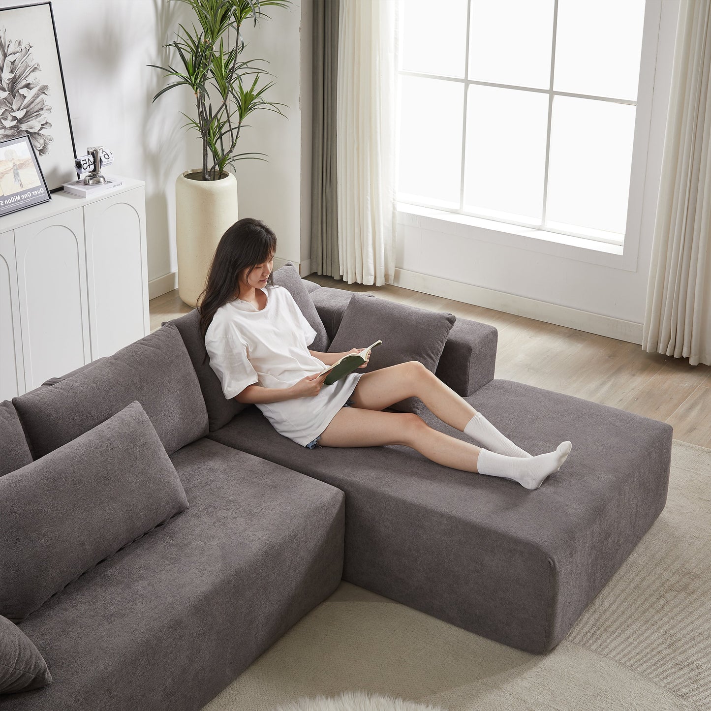 Modern Chenille Upholstered Sectional Sofa Couch Set,Modular 108' L Shaped Sectional Living Room Sofa Set With 6 Pillows