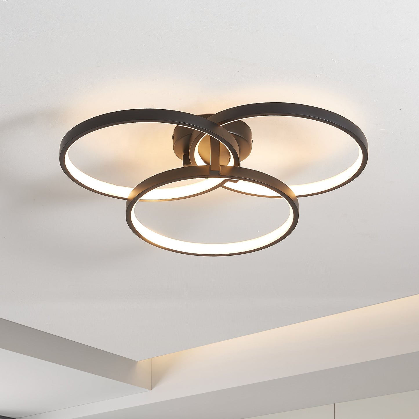 20' Modern Black LED Ceiling Light, 3-Ring Flush Mount Fixture for Living Room, Bedroom, or Dining Room, Sleek and Energ