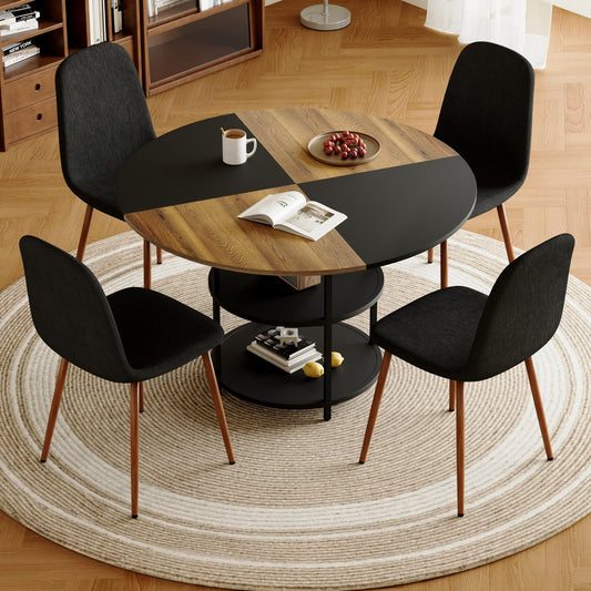 Table and Chair set.A 47.3-Inch Diameter Modern Splicing Circular Dining Table - Double-Layer storage.Paired With 4 Blac