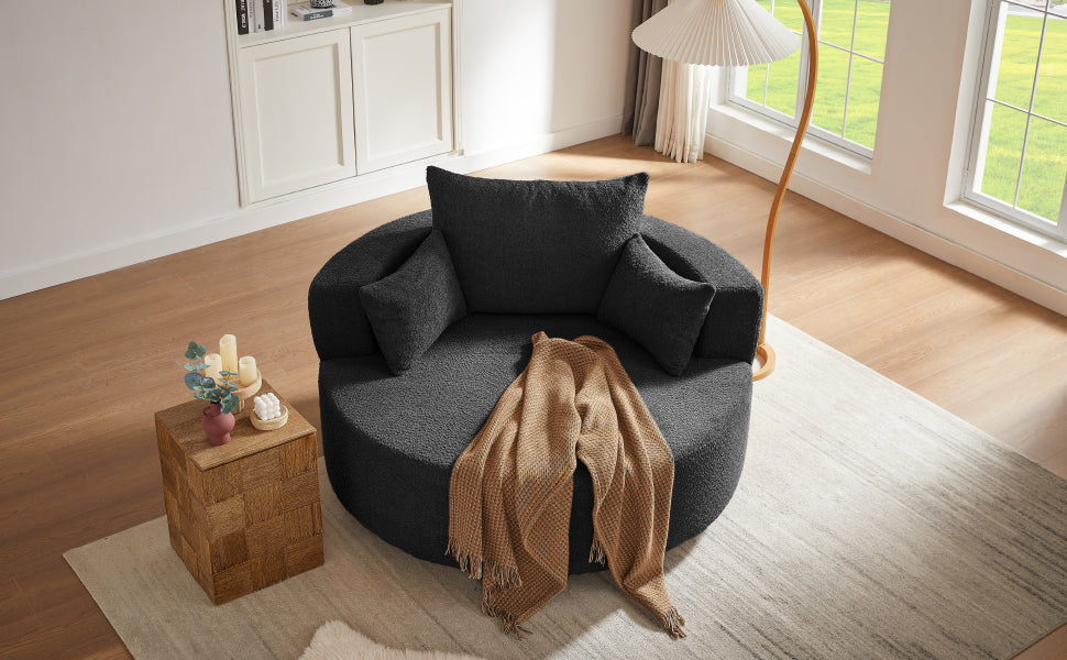 360° Swivel Accent Barrel Chair With Removable Pillows, Black Chenille, 56.3x56.3x36.5 Inches