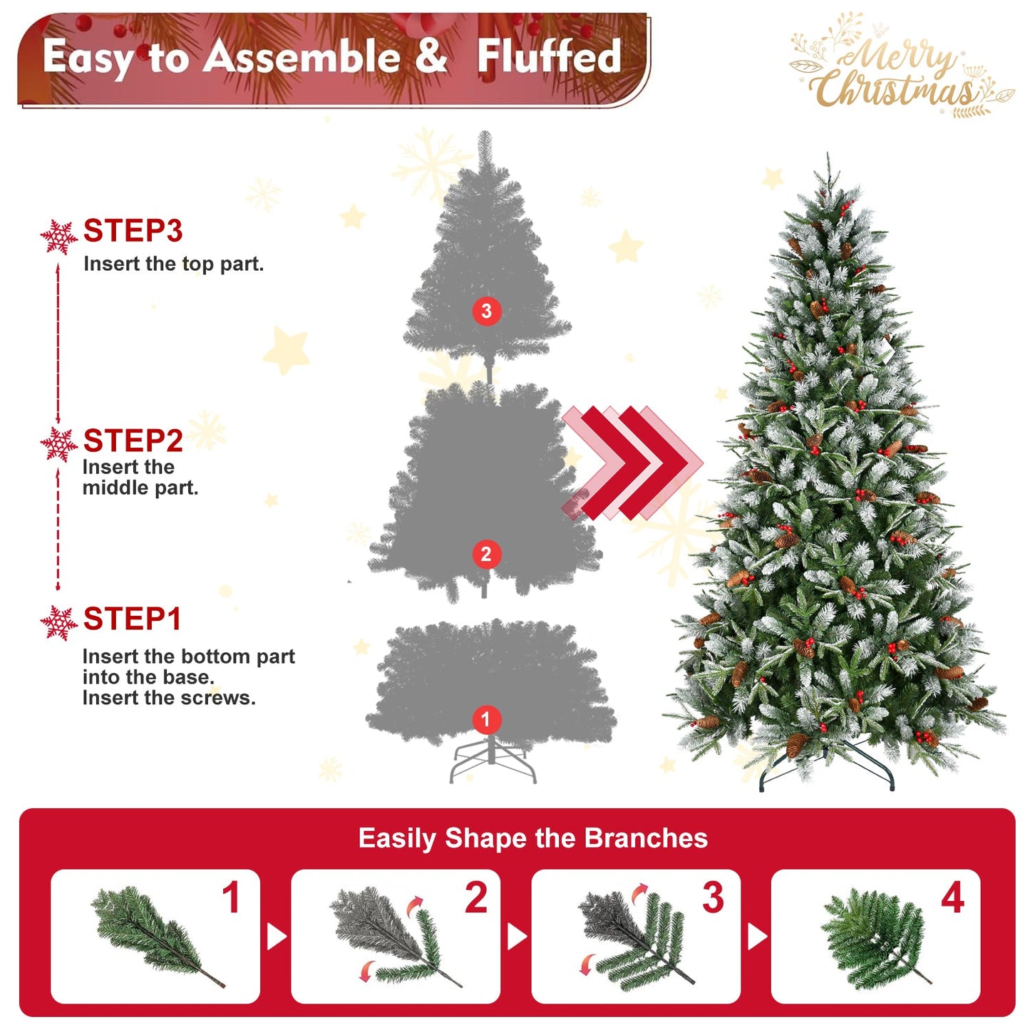 7FT Christmas Tree With 2178 Tips, Red Berries & Pine Cones – Snow-Dusted PE+PVC Branches, Hinged Design for Easy Setup,