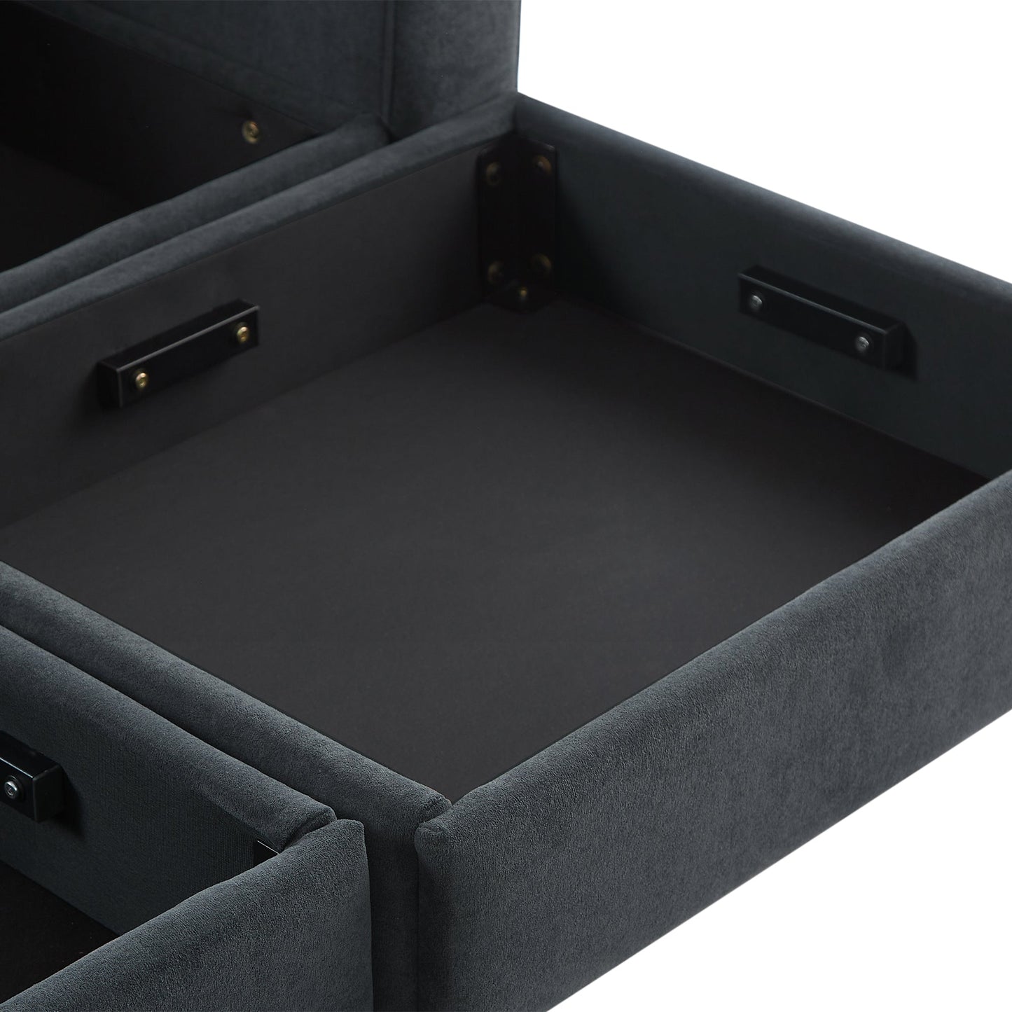 Black Upholstered 83' L-Shaped Sectional Sofa With Storage, Movable Ottoman, and Six Throw Pillows