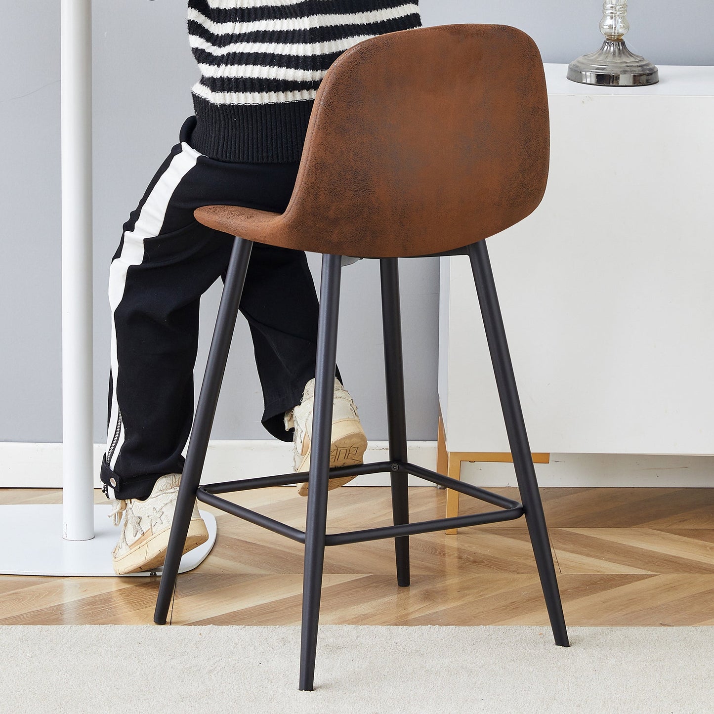 Brown Techno-Fabric Bar Chair Set - Two Pieces, Rounded Backrest, Black Metal Legs, Multiple Colors
