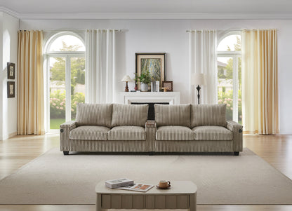 Modern 4-Seater Corduroy Sofa Couch With USB Ports, Hidden Storage Arms, and Flip-Top Cup Holders, Brown, 133 Inches