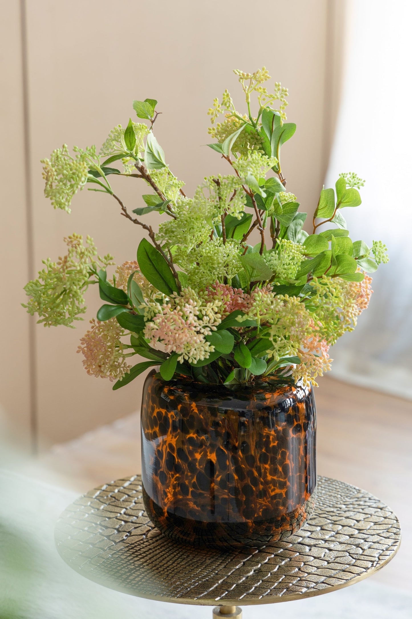 Brown and Amber Glass Vase With Cheetah Motif, Short, 7.9x7.9'