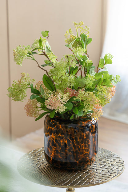 Brown and Amber Glass Vase With Cheetah Motif, Short, 7.9x7.9'