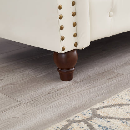 85.8' Living Room Chesterfield Sofa Classic Tufted Design Faux Leather PU Upholstered Sofa With Storage (Ivory)