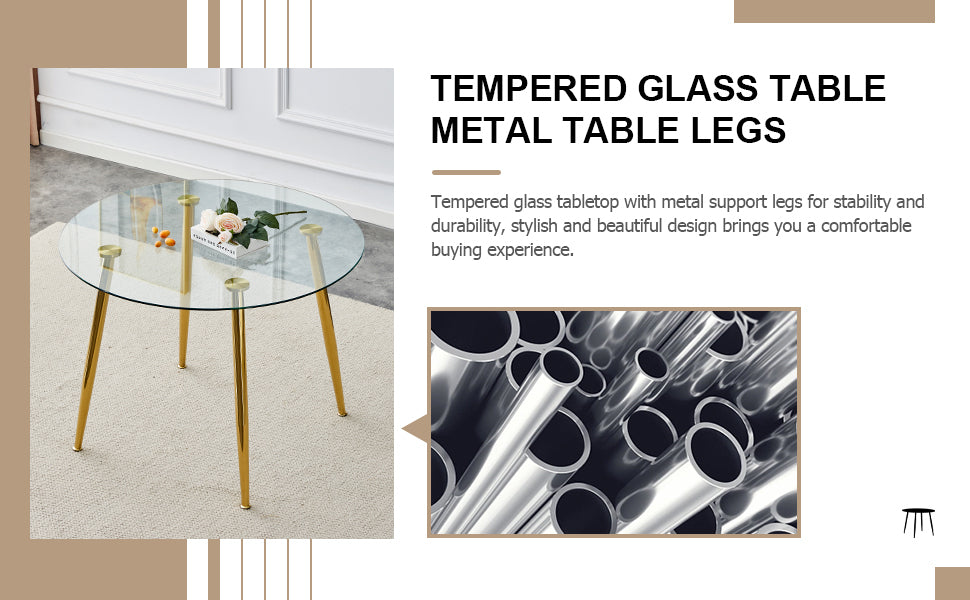 A Glass Tabletop With a Diameter of 40 Inches and a Modern Minimalist Circular Dining Table With Gold Plated Metal Legs.