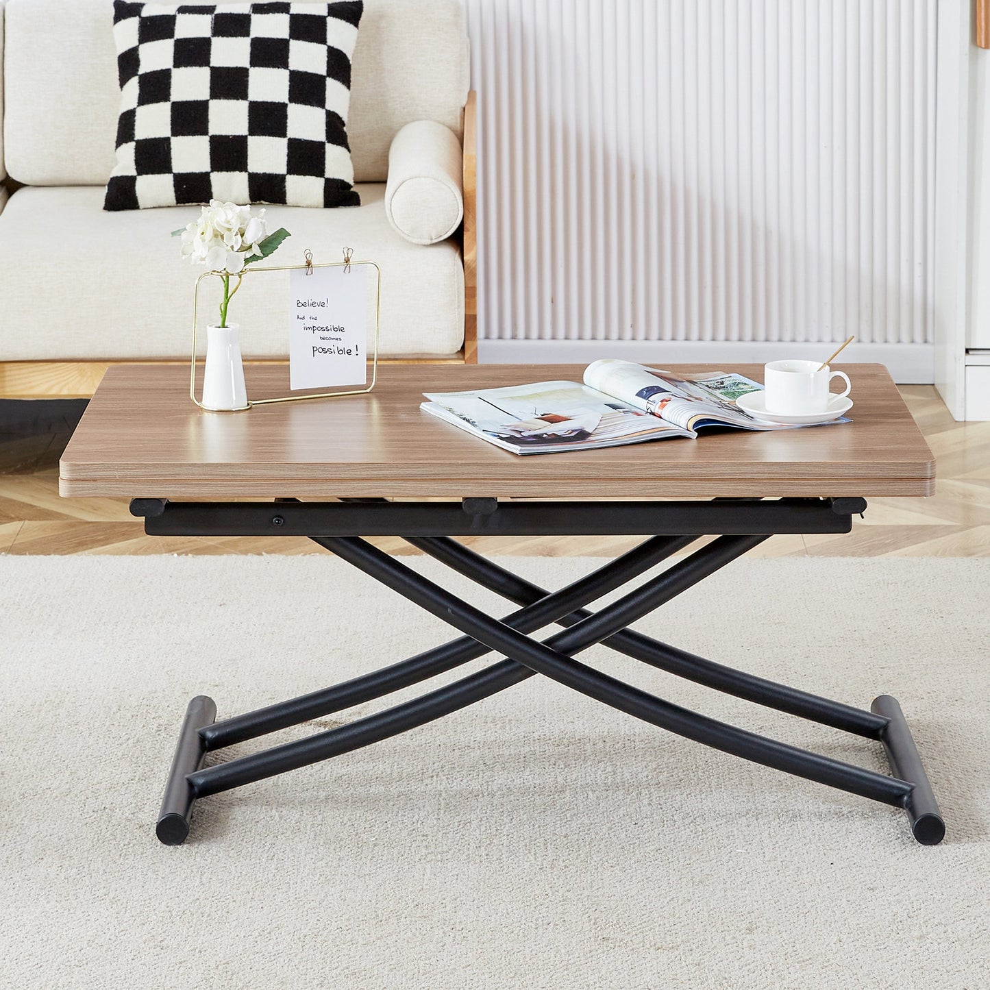 Modern Minimalist Multifunctional Lifting Table, With a 0.8-Inch Wood Grain Process Sticker Desktop and Black Metal Legs