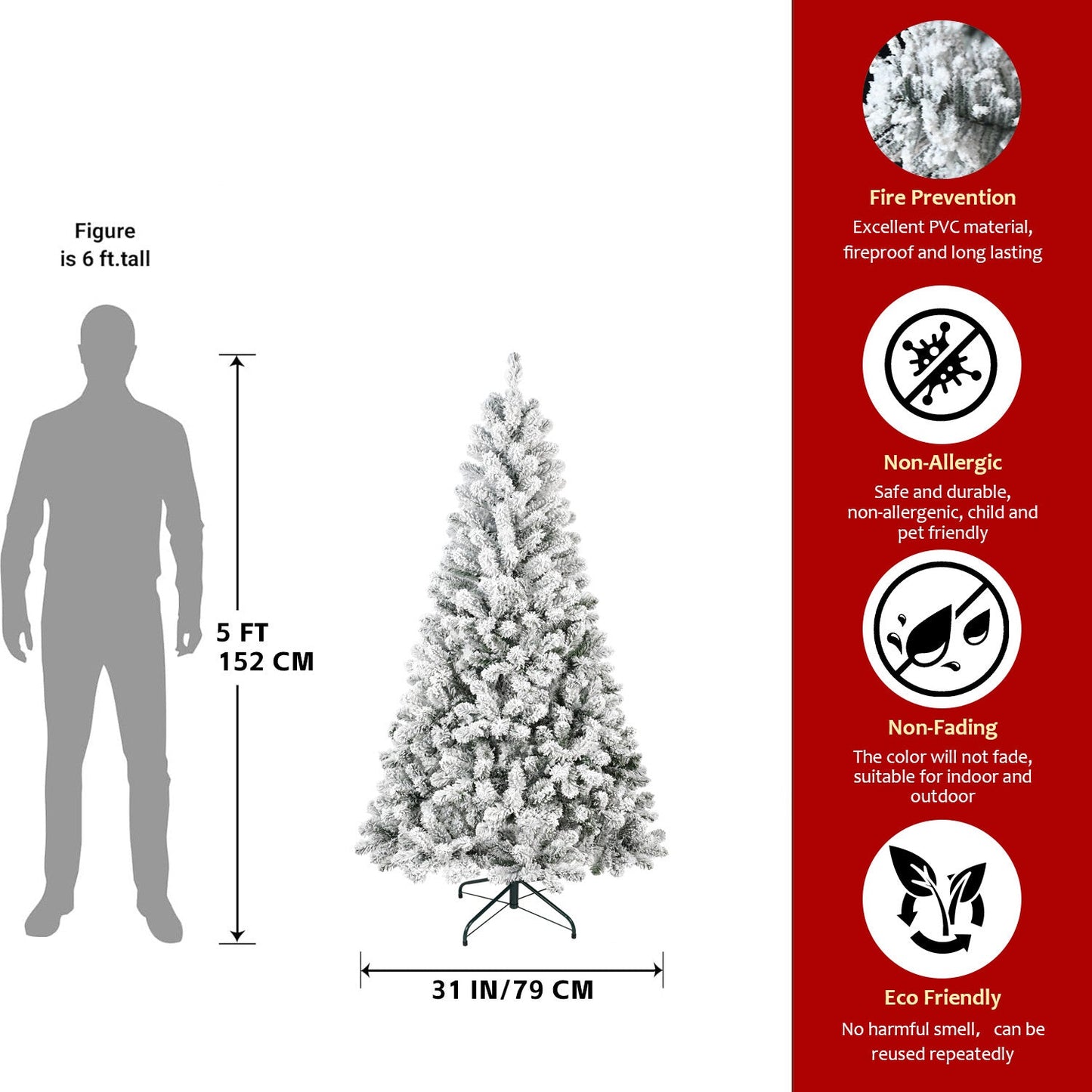 4FT Flocked Christmas Tree – Snowy PVC Artificial Holiday Tree With 233 Tips, Compact Full Shape, Sturdy Metal Stand, Ch