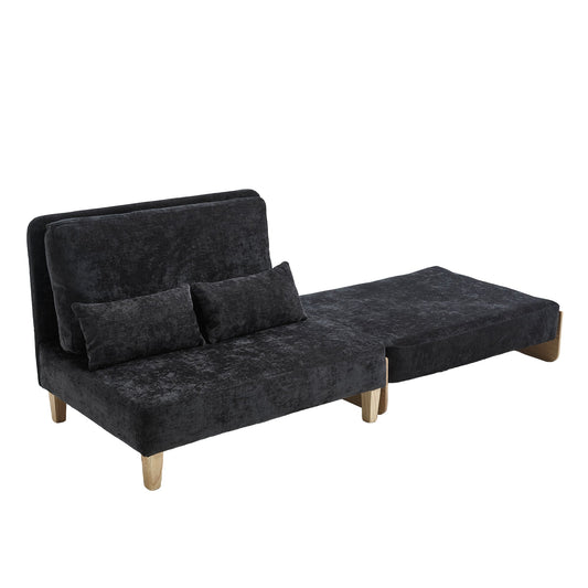 Mid-Century Modern Foldable Sofa Bed Recliner, 3-In-1 Convertible Sleeper With Three Pillows, Black Chenille for Small S