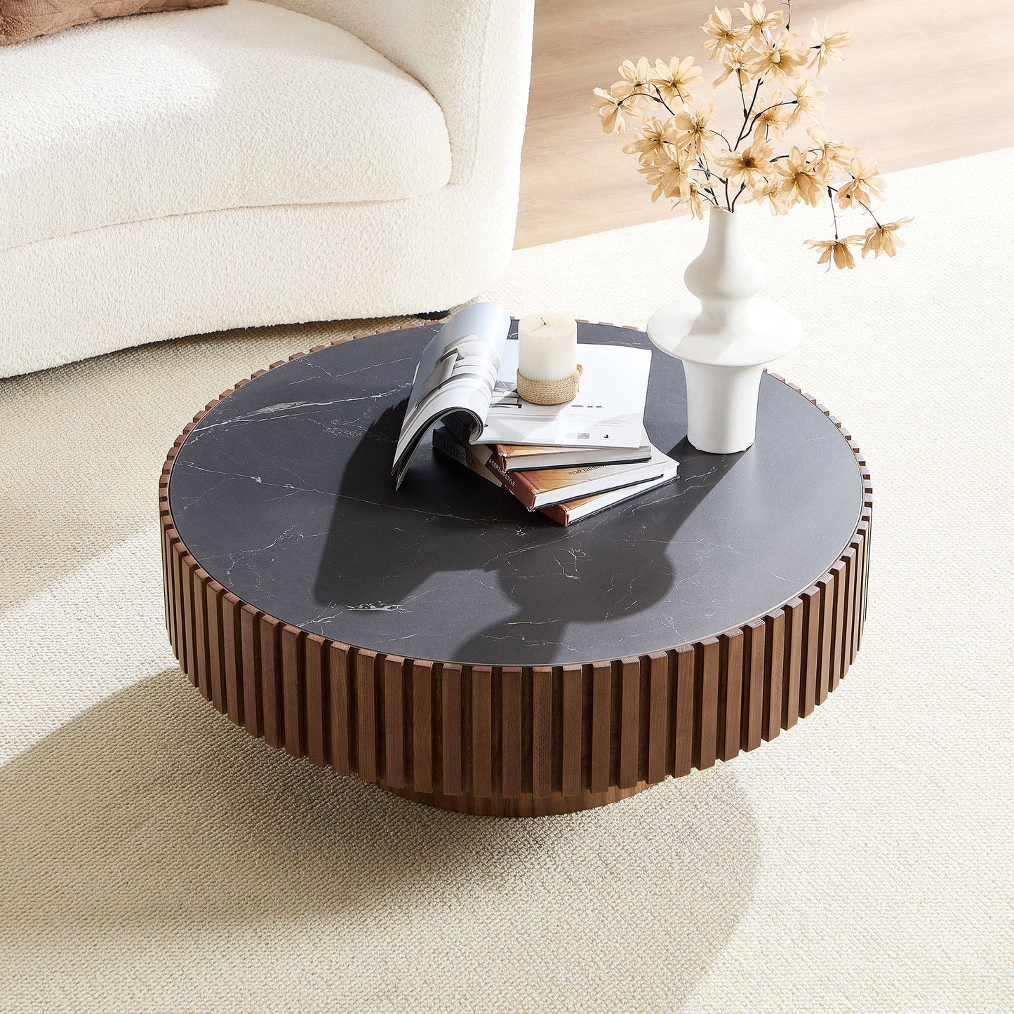 35.43'' Nesting Round Sintered Stone Tabletop Modern Drum Coffee Table Luxury Circle Coffee Table for Apartment Walnut