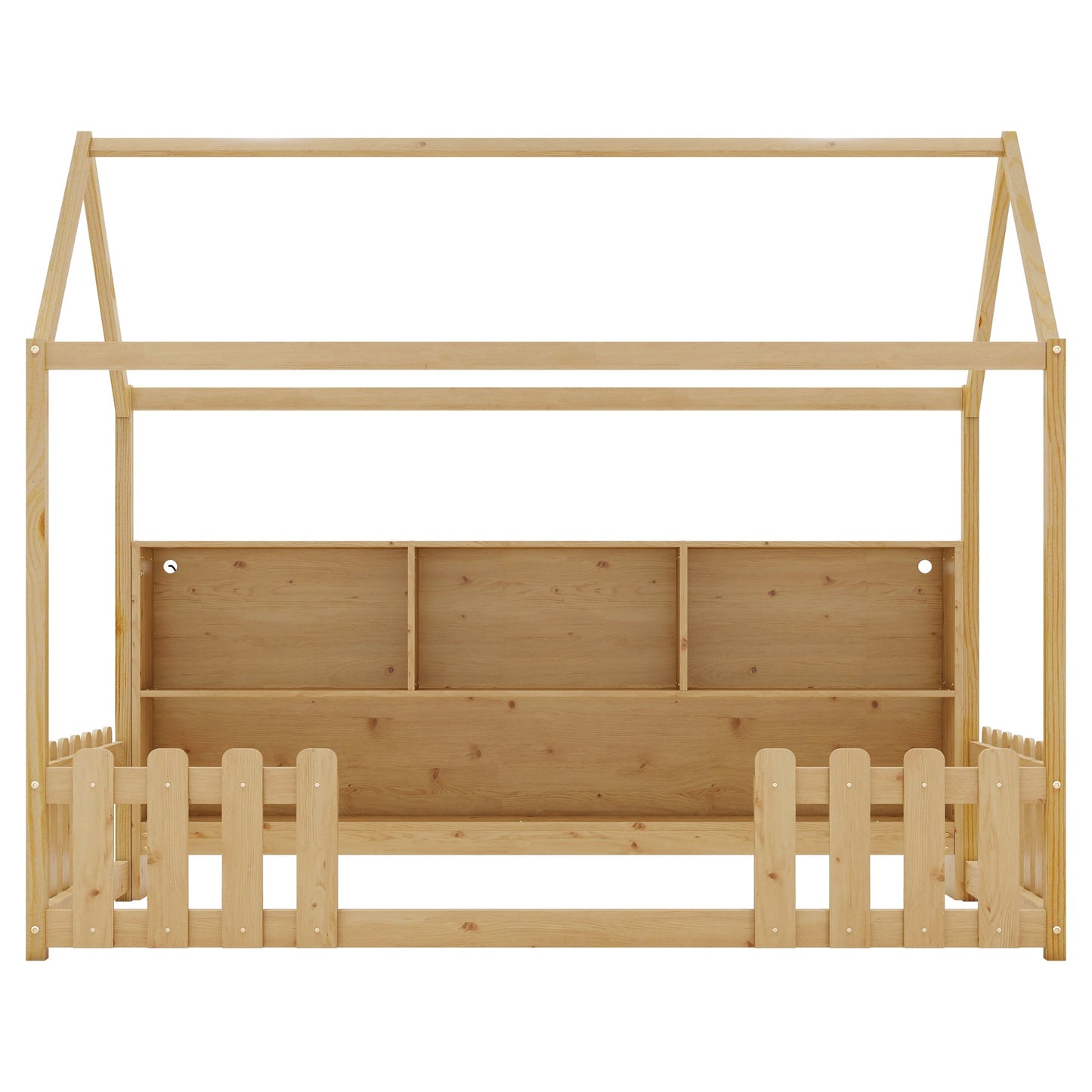 Twin Size House Bed With LED Light, Wood House Bed With Storage Bookshelf, Floor House Bed With Guardrails for Kids, Nat