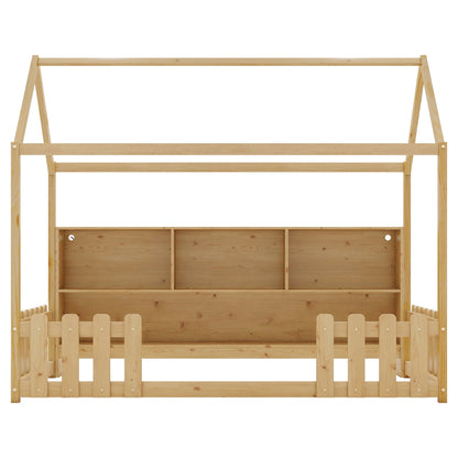Twin Size House Bed With LED Light, Wood House Bed With Storage Bookshelf, Floor House Bed With Guardrails for Kids, Nat