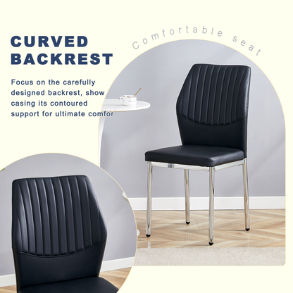 Table and Chair set.A 38.6' Transparent Tempered Glass Round Dining Table-Silver Metal Legs.Paired With 6 BLACK PU Mater