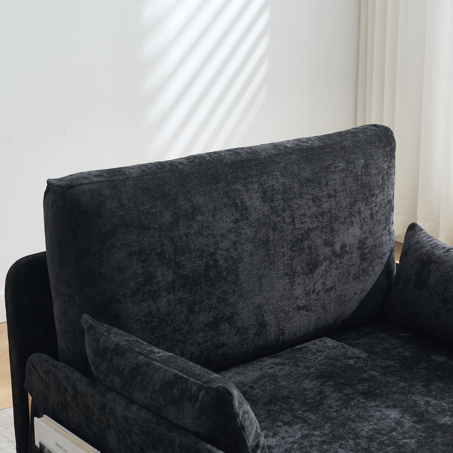 Mid-Century Modern Foldable Sofa Bed Recliner, 3-In-1 Convertible Sleeper With Three Pillows, Black Chenille for Small S