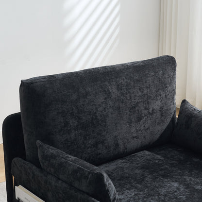 Mid-Century Modern Foldable Sofa Bed Recliner, 3-In-1 Convertible Sleeper With Three Pillows, Black Chenille for Small S