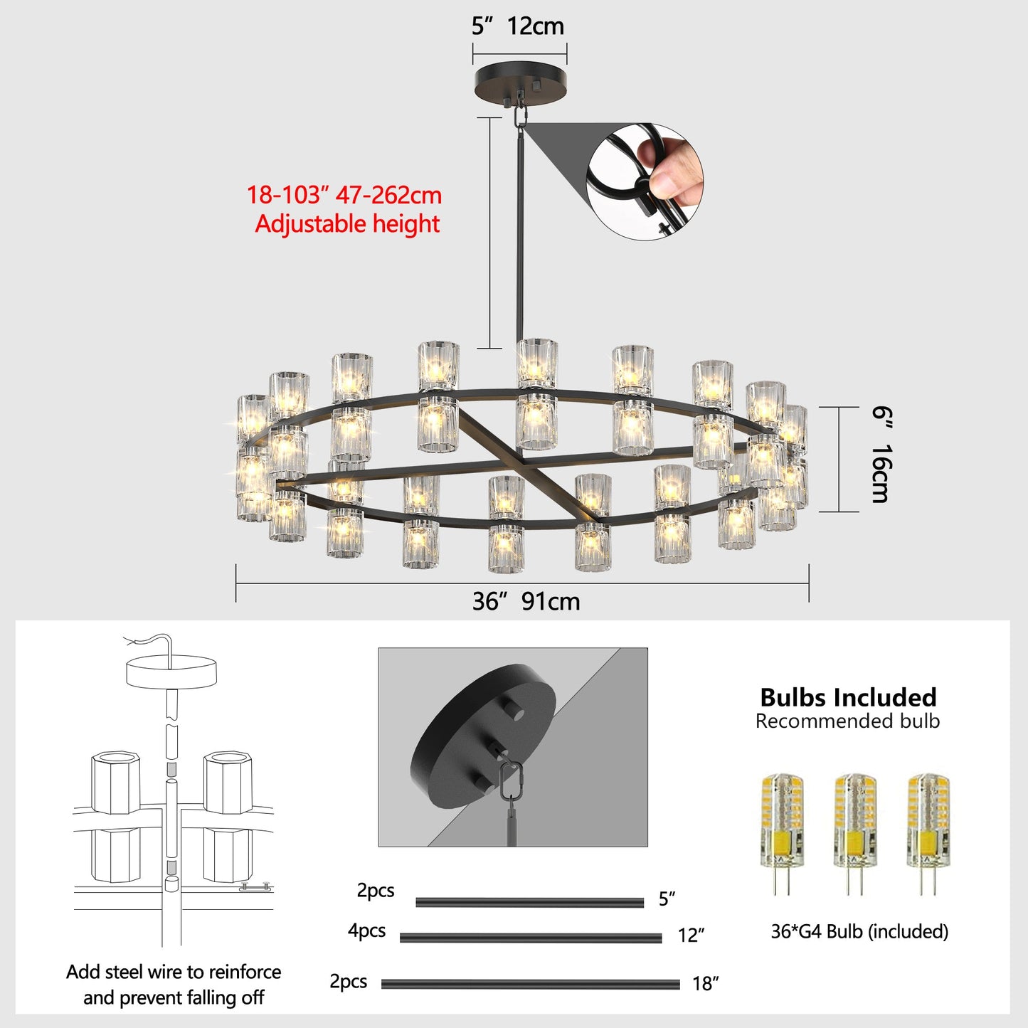 36 Inches Luxury Chandeliers Crystal Living Room Decorative Lights Simple Modern Dining Room LED Lighting,for Home Decor