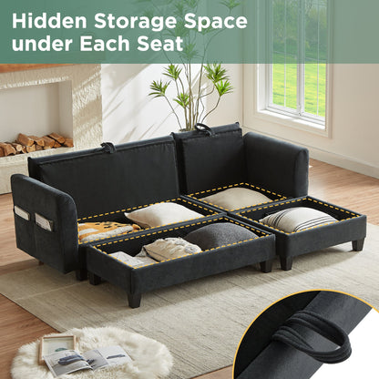 Black Upholstered 83' L-Shaped Sectional Sofa With Storage, Movable Ottoman, and Six Throw Pillows