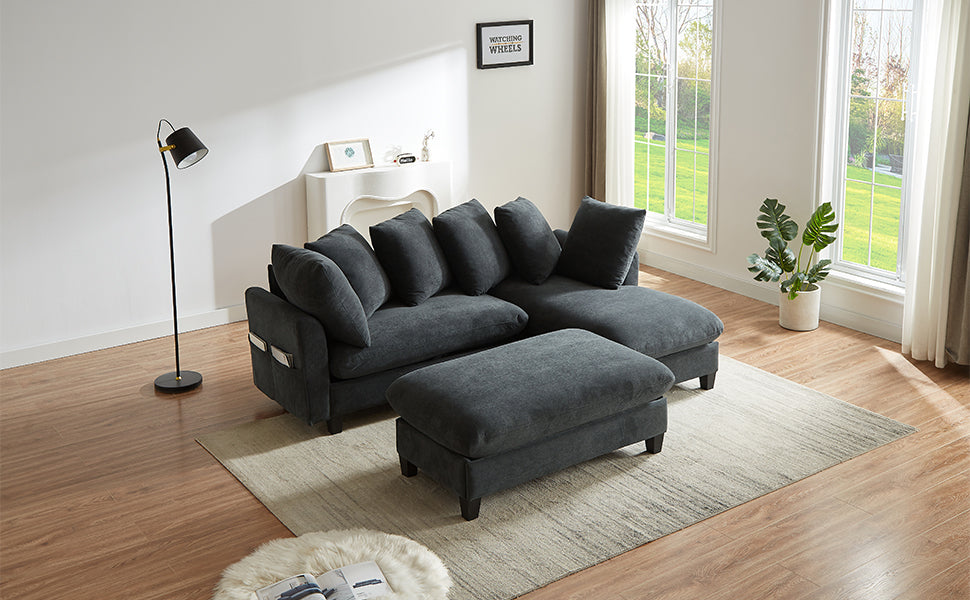 Black Upholstered 83' L-Shaped Sectional Sofa With Storage, Movable Ottoman, and Six Throw Pillows