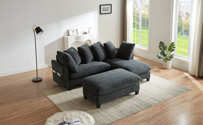 Black Upholstered 83' L-Shaped Sectional Sofa With Storage, Movable Ottoman, and Six Throw Pillows