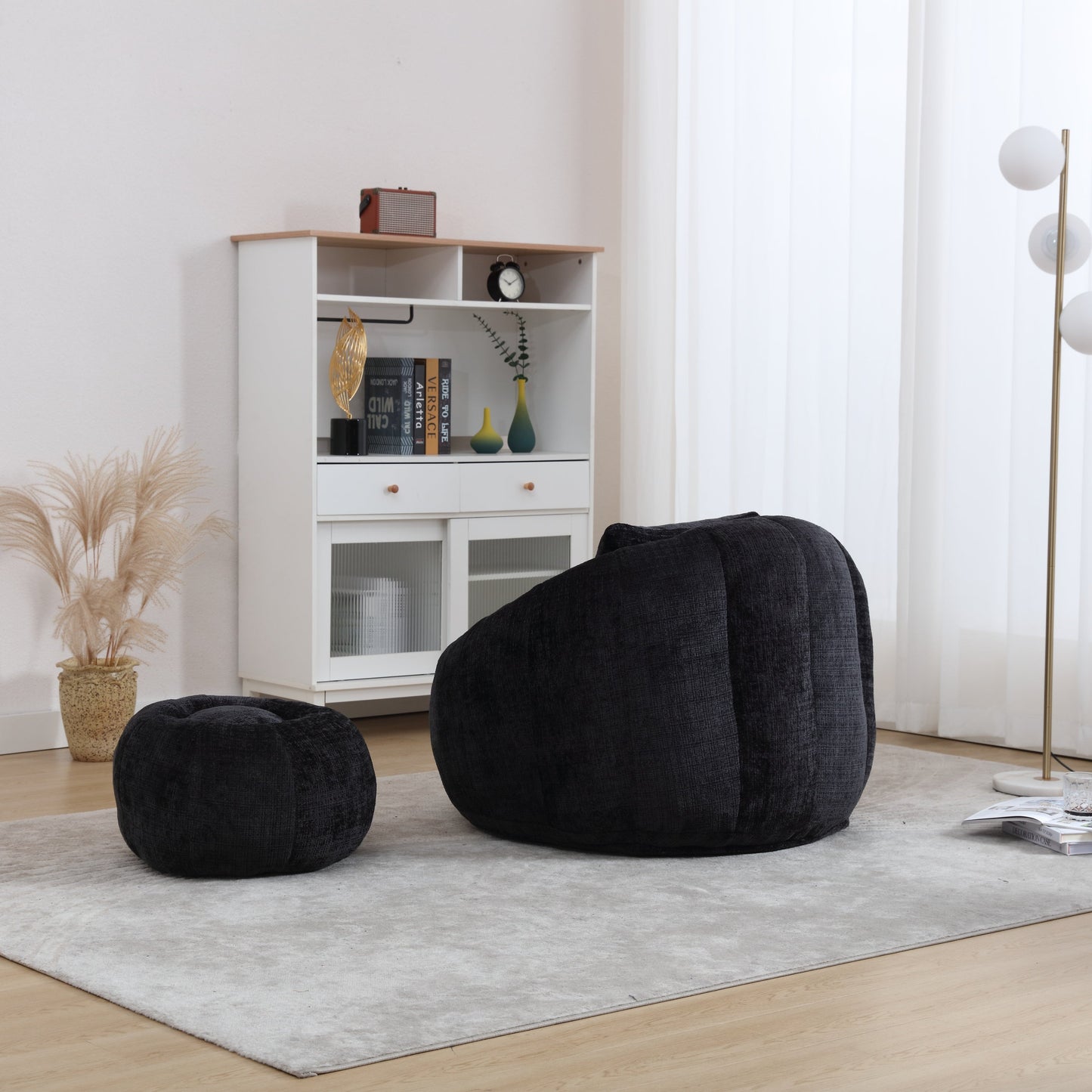 Modern Extra Large Round Bean Bag Chair With Footrest for Living Room, Chenille Fabric Lazy Sofa With Pillow for Adults,