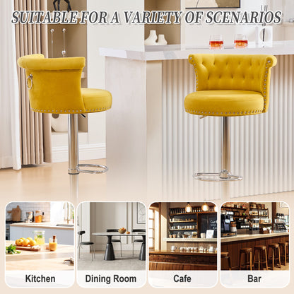 Velvet Bar Stool Set of 2, Adjustable Swivel Bar Stools With Silver Plated Metal Leg, Chrome Nailhead, Counter Height Ch