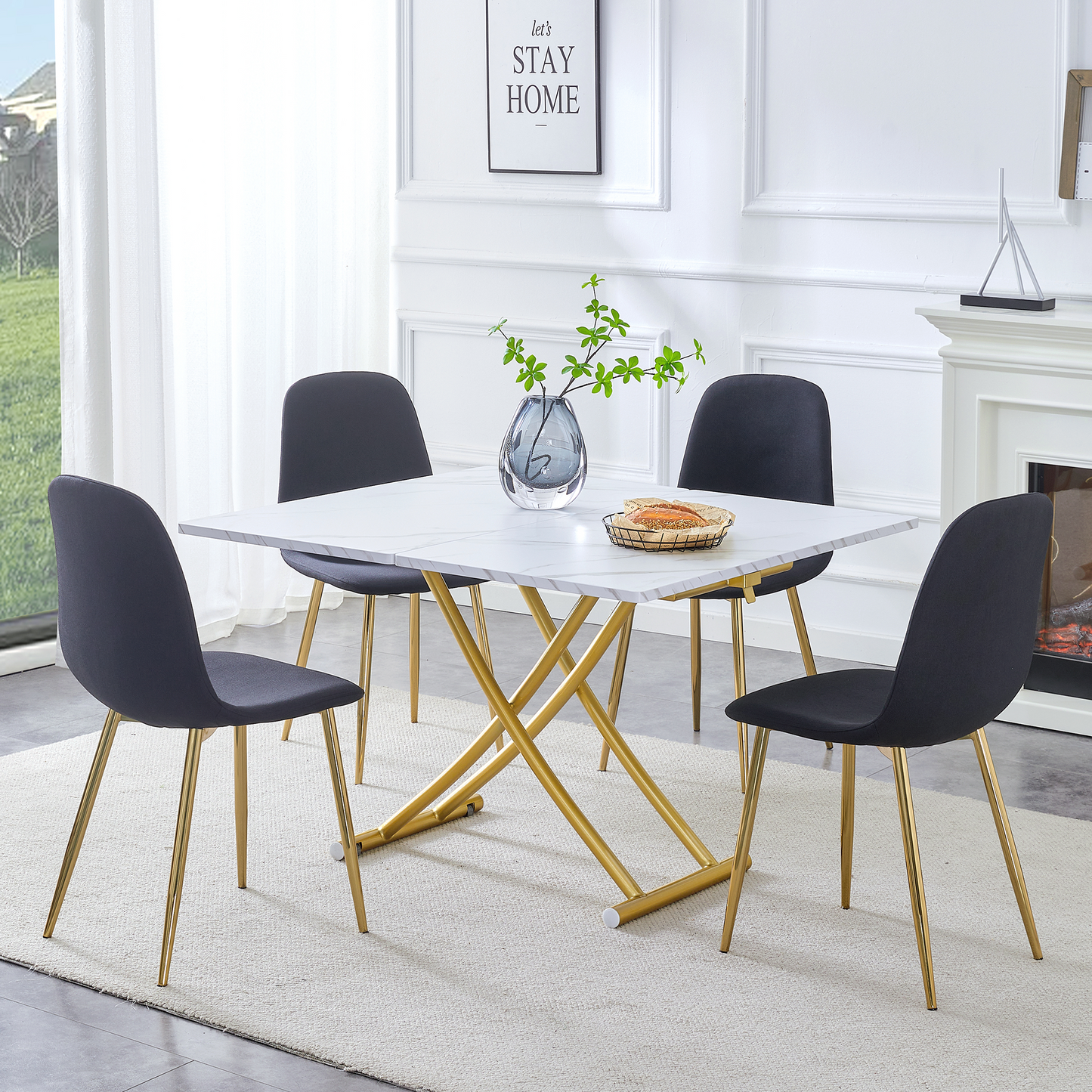 Table and Chair Set. Modern Multifunctional Lifting Platform, White Textured Sticker MDF Desktop, Gold Metal Legs. Paire