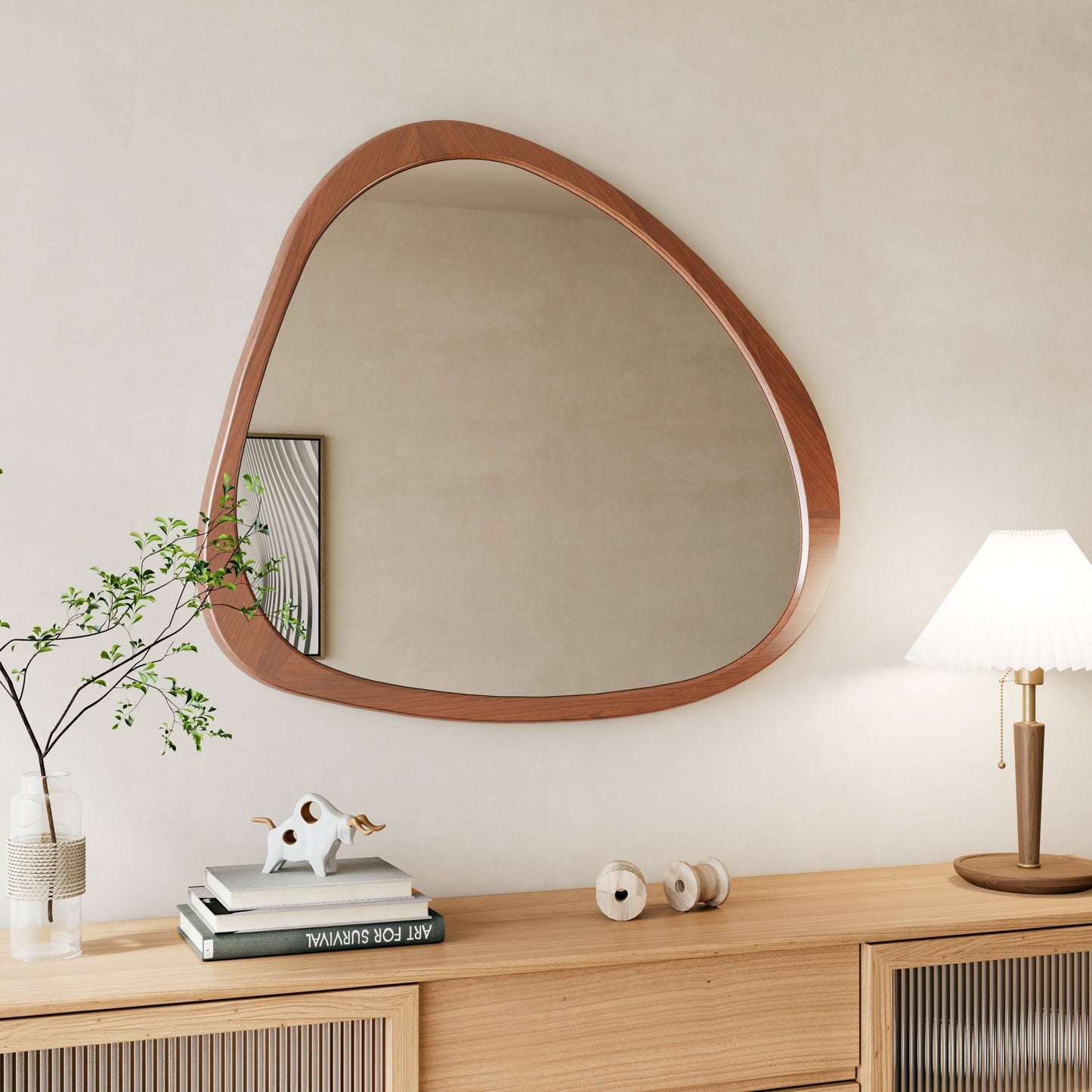 Solid Wood Mirror 45 Inch Asymmetrical Wall Mirror Wooden Framed Mirror Large Sized Dressing Mirror, for Living Room, Be