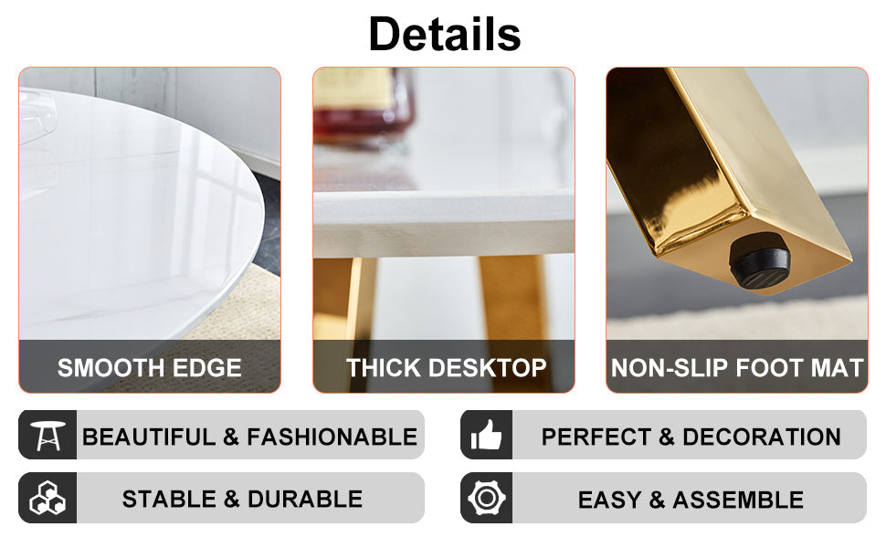 Modern Minimalist White Patterned Circular Dining Table and Coffee Table. MDF Desktop, Diameter 42 Inches, Stainless Ste