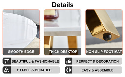 Modern Minimalist White Patterned Circular Dining Table and Coffee Table. MDF Desktop, Diameter 42 Inches, Stainless Ste