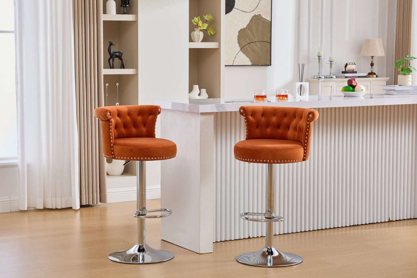 Velvet Bar Stool Set of 2, Adjustable Swivel Bar Stools With Silver Plated Metal Leg, Chrome Nailhead, Counter Height Ch