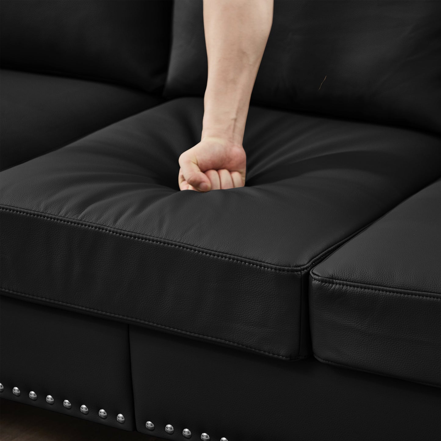 59.5' Modern Classic Design With Nails Living Room Loveseat Leather Couch,Upholstered Imitation Cowhide Leather Black