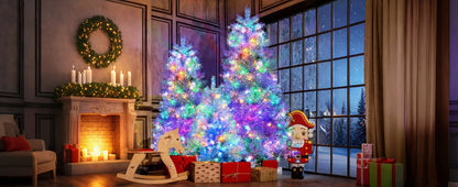 7.4FT, 6FT, 4FT Silver Pre-Lit Artificial Hinged Christmas Tree Set, Holiday Spruce Xmas Tree With 2400 Branch Tips, 850
