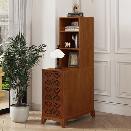 End Table With 3 Drawers, Corner Table With 2 Open Shelves, Tall Side Table for Bedroom and Corner, Walnut,Expect Arriva