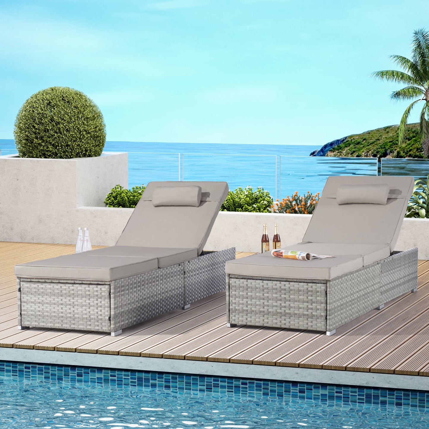 Outdoor Chaise Lounge Chair Set of 2 With Patio Pool Chairs Tanning Lounges for Outside,Beach Rattan Recliners With Adju