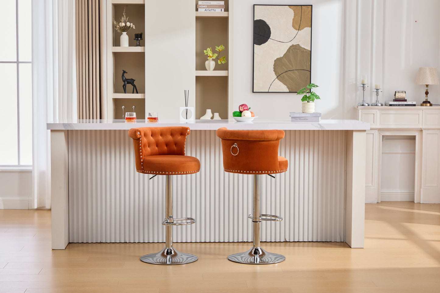 Velvet Bar Stool Set of 2, Adjustable Swivel Bar Stools With Silver Plated Metal Leg, Chrome Nailhead, Counter Height Ch
