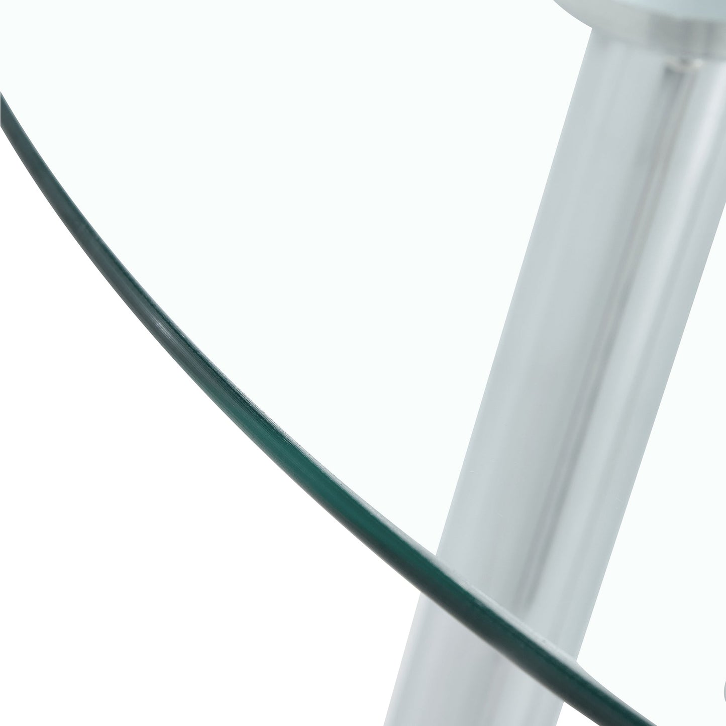 Table and Chair set.A 38.6' Diameter Transparent Tempered Glass Round Dining Table-Silver Metal Legs.Paried With 4 Black