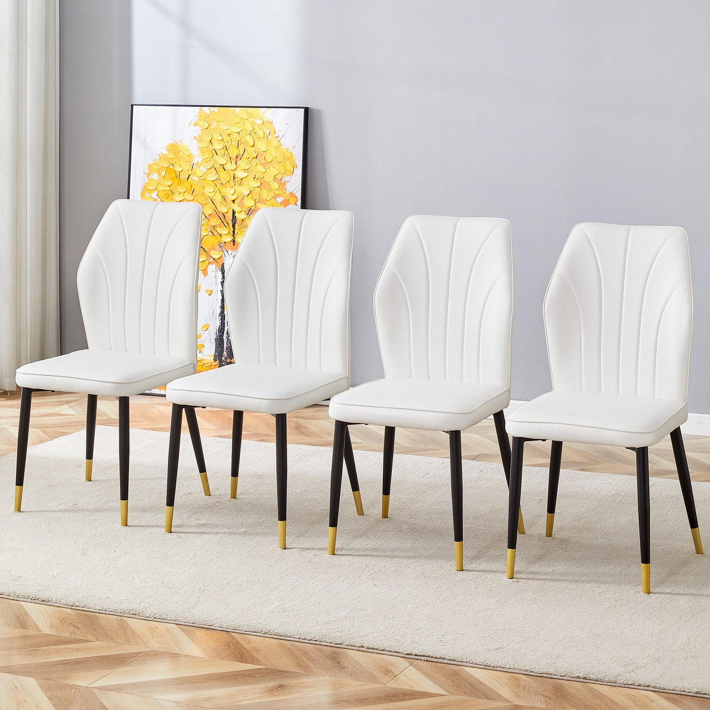 4 Modern Dining Chairs With Stylish PU Patterned Backrest and Black Metal Legs for a Comfortable Home Experience in the