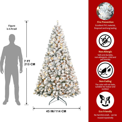 7FT Flocked Christmas Tree With 350 Warm White Incandescent Lights – Snowy Artificial Holiday Tree With 1022 Tips and St