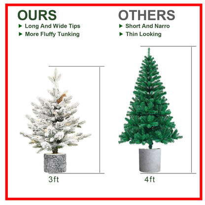 2FT Flocked Christmas Tree With Pot Base, 30 Warm White LED Lights, 189 Tips, PE+PVC Branches With 3 Pine Cones – Small
