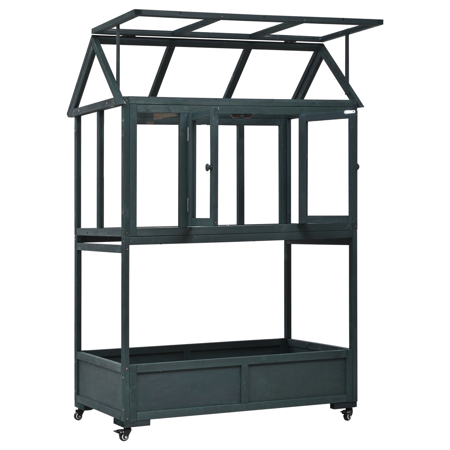 Garden Wood Portable Cold Frame With Movable Wheels Mini Greenhouse With Openable Roof and Storage Box, Forest Green