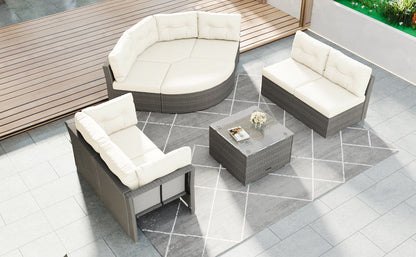 Patio Furniture Set Outdoor Daybed Rattan Sectional With Cushions and Center Table, Beige, Iron & Rattan, Multiple Sizes