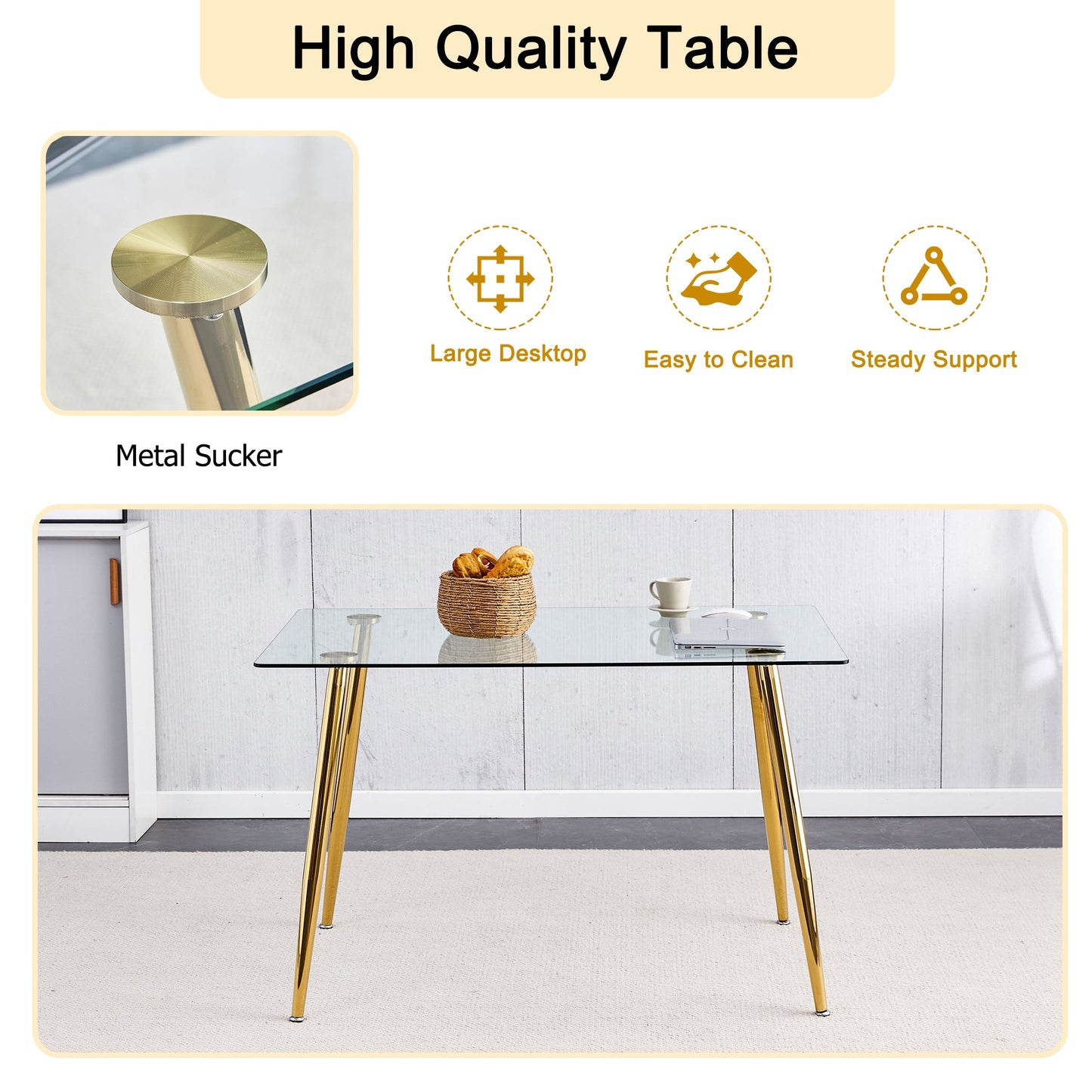 Modern Minimalist Rectangular Glass  Dining Table for 4-6 With 0.31' Tempered Glass Tabletop and Golden Plating Metal Le