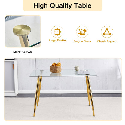Modern Minimalist Rectangular Glass  Dining Table for 4-6 With 0.31' Tempered Glass Tabletop and Golden Plating Metal Le