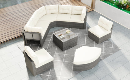 Patio Furniture Set Outdoor Daybed Rattan Sectional With Cushions and Center Table, Beige, Iron & Rattan, Multiple Sizes