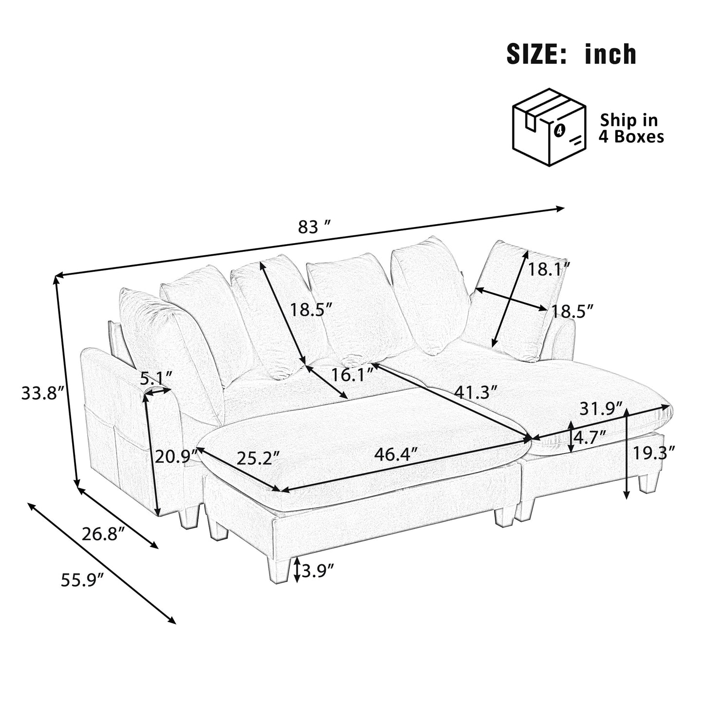 Black Upholstered 83' L-Shaped Sectional Sofa With Storage, Movable Ottoman, and Six Throw Pillows